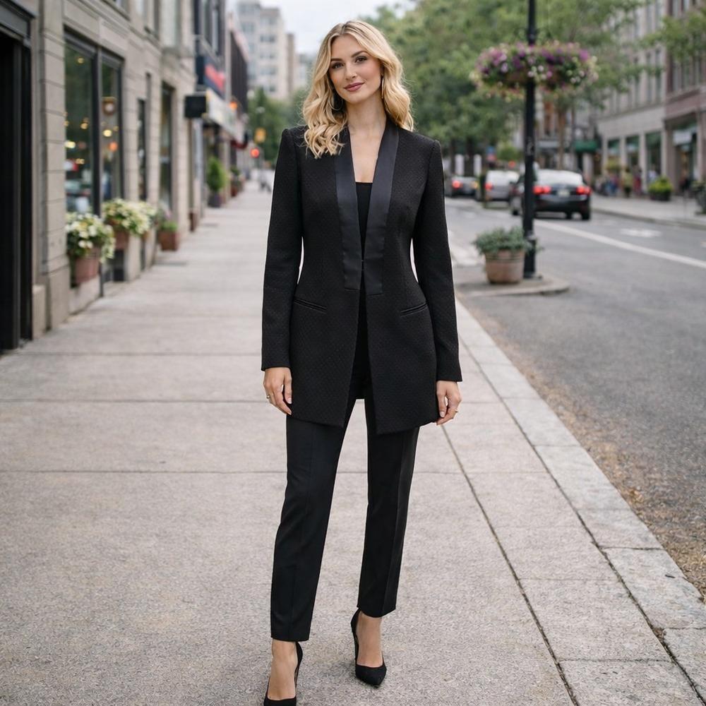 Banana Republic Black Jacquard Longline Tuxedo Blazer Size 0 Power Blazer Boss